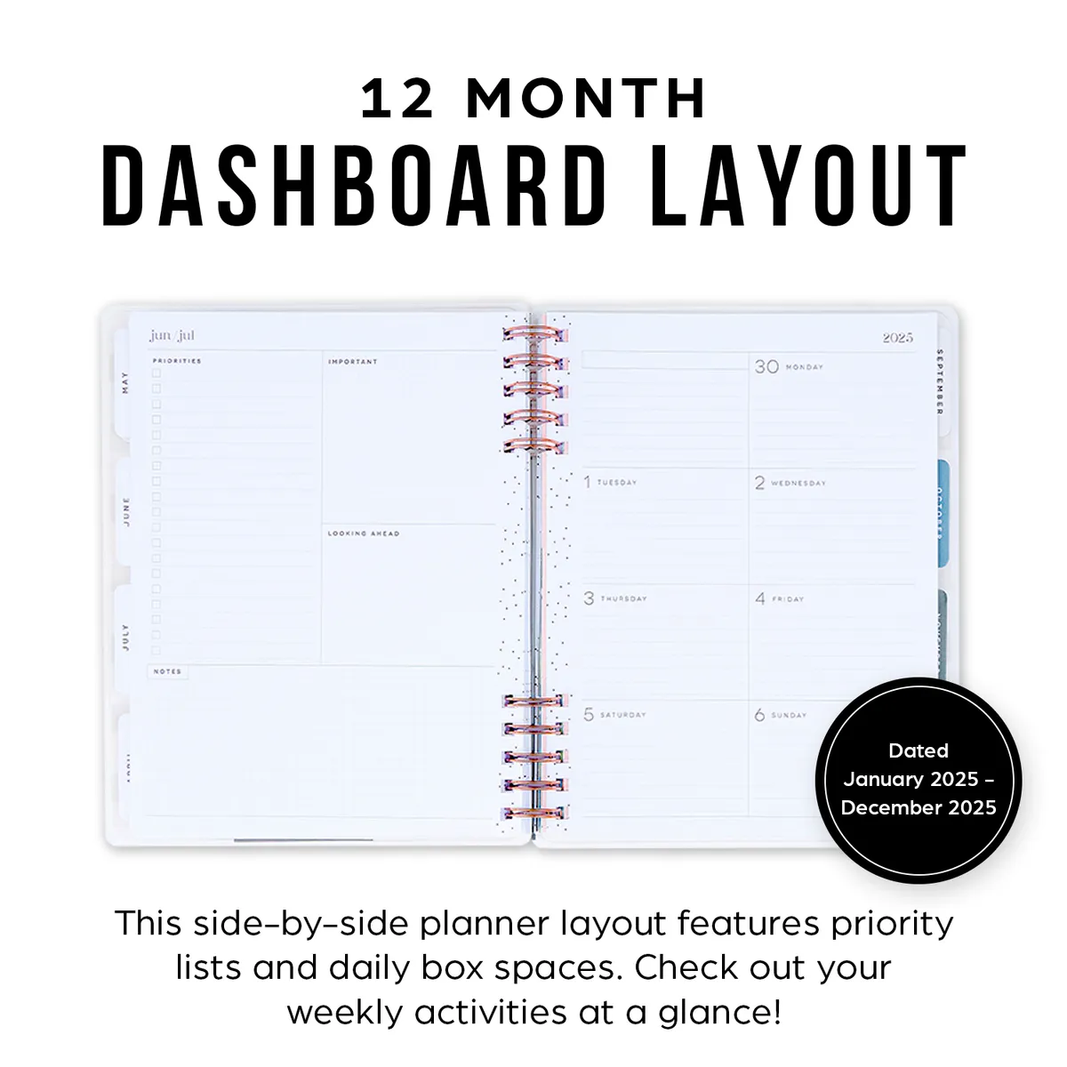 2025 Radiant Garden Customizable Spiral Planner - Big Dashboard Layout - 12 Months