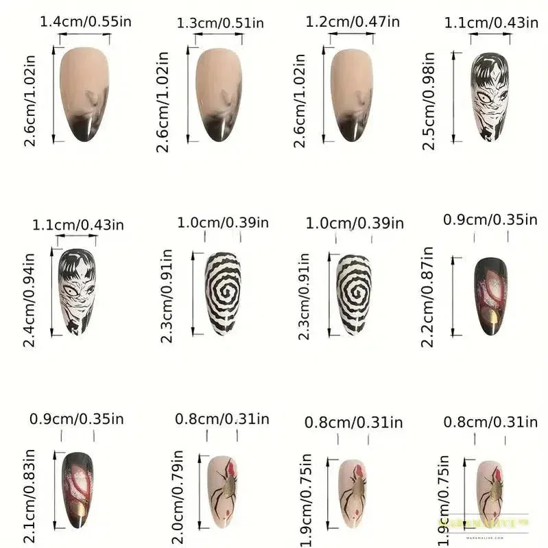 24Pcs Horror Comic Tomie Press on Nails Almond Glossy Black Japanese Anime Nails Reusable Halloween False Nail Tips for Girls