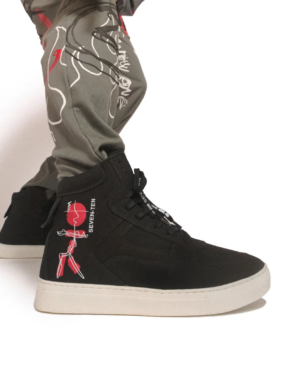 304 black doodle print canvas high-top sneaker