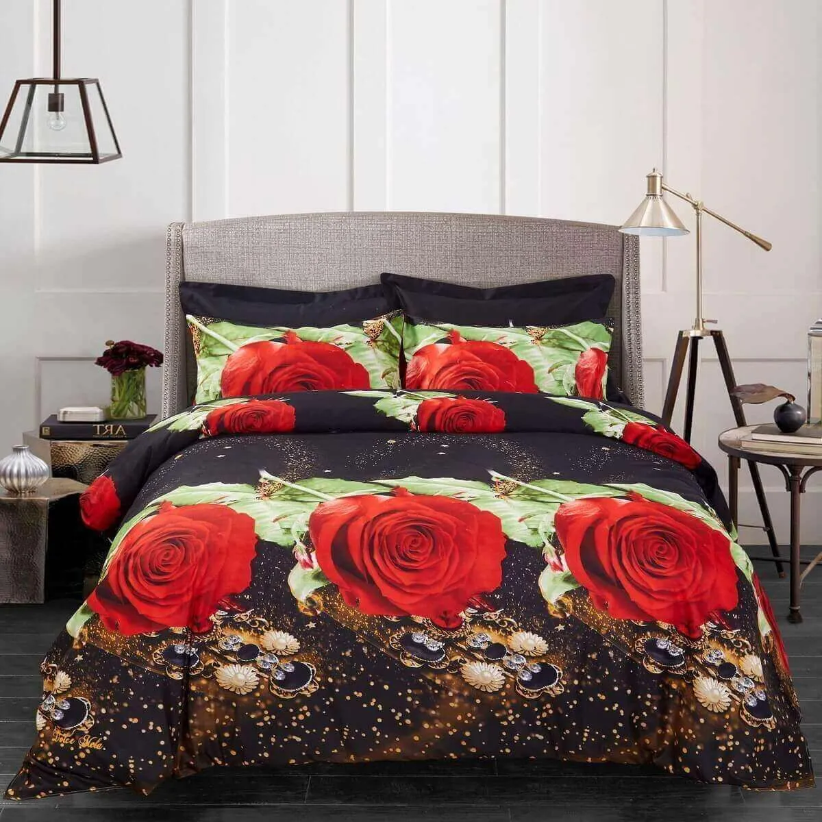 6 Piece Duvet Cover Set, Luxury Bedding - Night Rose  (King & Queen Size)