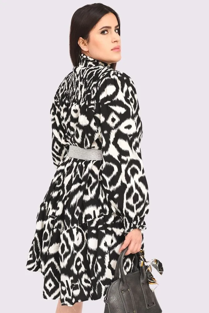 Abstract Print Shirred Cuff Neck Dress