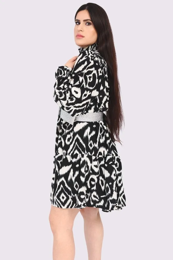 Abstract Print Shirred Cuff Neck Dress