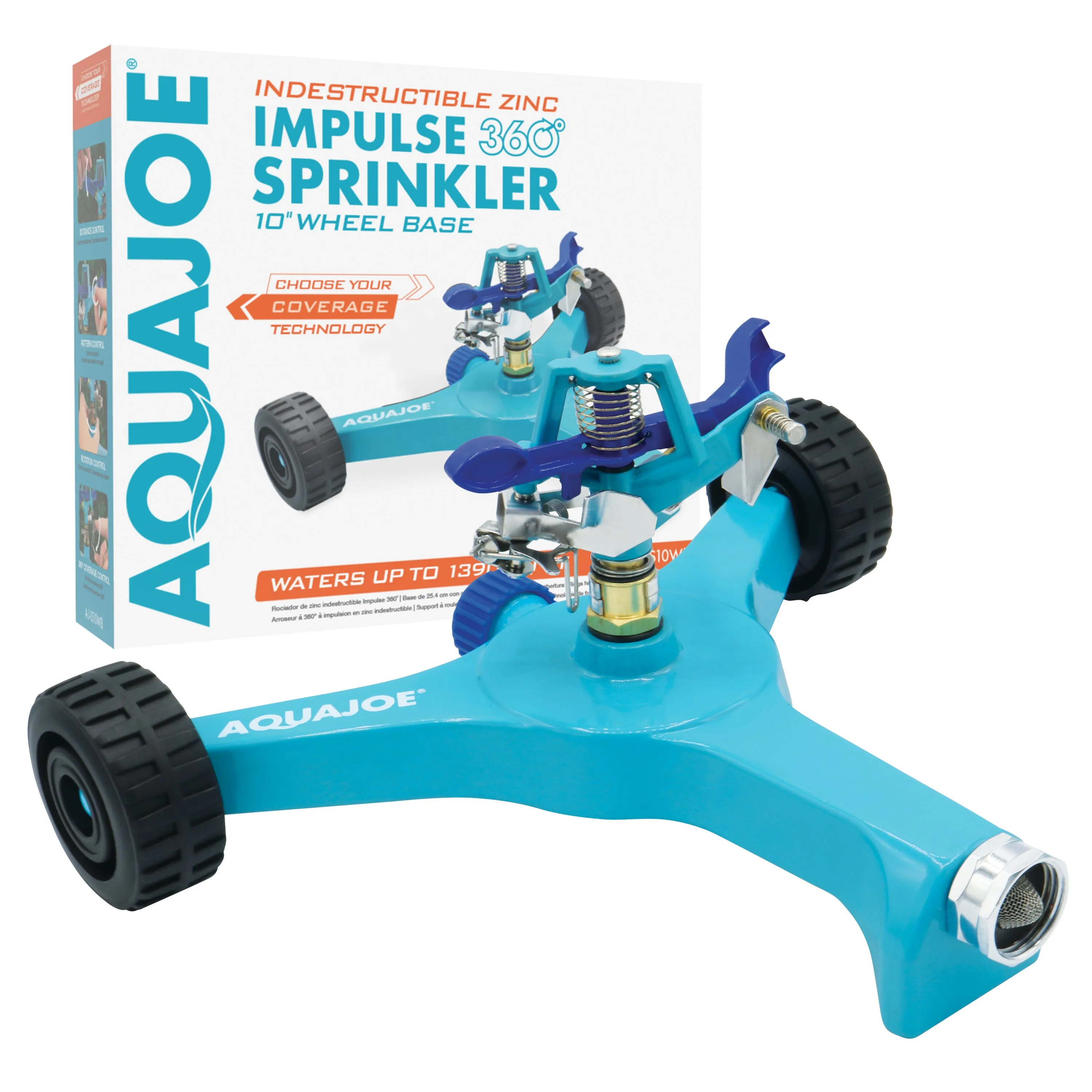 Aqua Joe AJ-IS10WB Indestructible Zinc Impulse 360 Degree Sprinkler | Customizable Coverage | Wheeled Base | 1390 sq ft Max Coverage