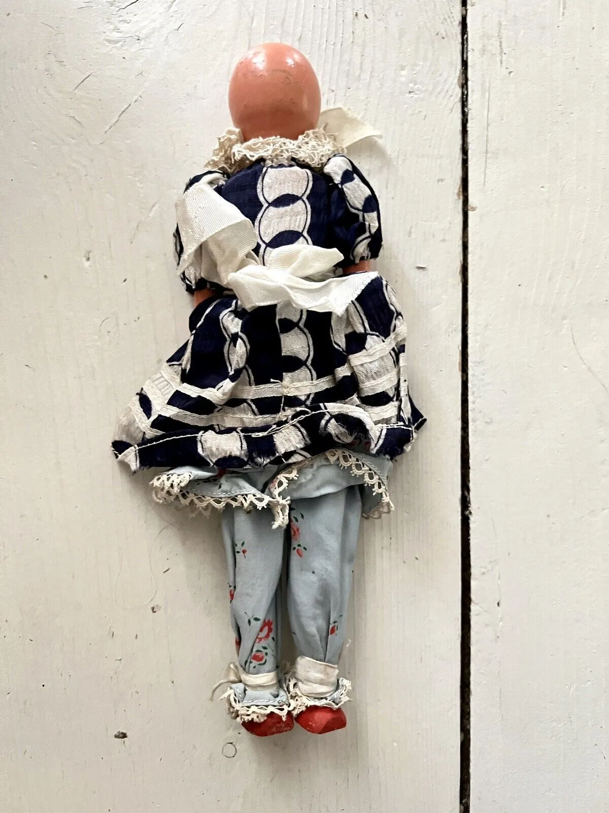 Art Deco French 3 PROMOTIONAL wood BABY DOLLS silk outfit c1930