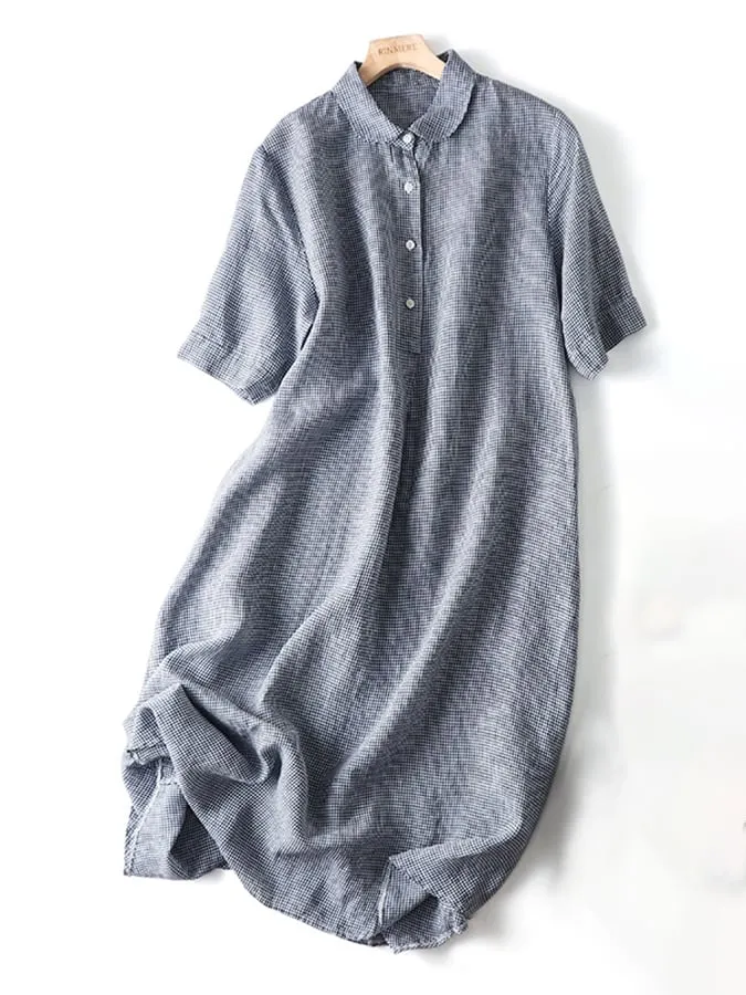 Artistic Retro Cotton Linen Check Dress