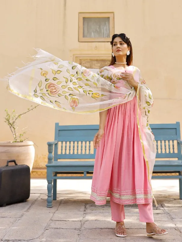 Baby Pink Sleeveless Anarkali Kurta Set With Painted Organza Dupatta