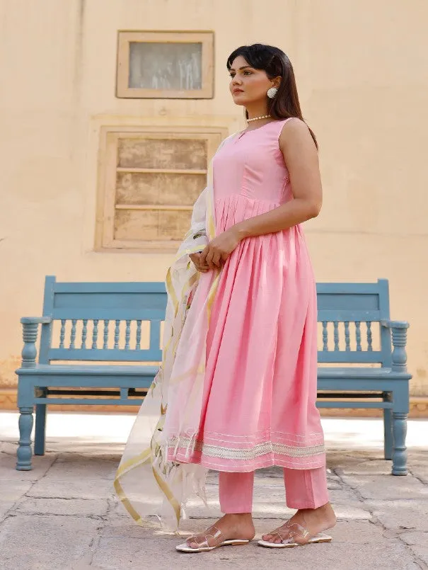 Baby Pink Sleeveless Anarkali Kurta Set With Painted Organza Dupatta