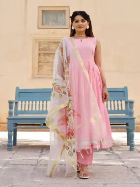 Baby Pink Sleeveless Anarkali Kurta Set With Painted Organza Dupatta