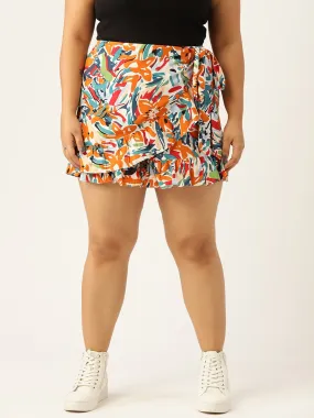 Berrylush Women Plus Size White & Orange Abstract Printed Tie-Up Elastic Waist Ruffled Wrap Mini Skorts