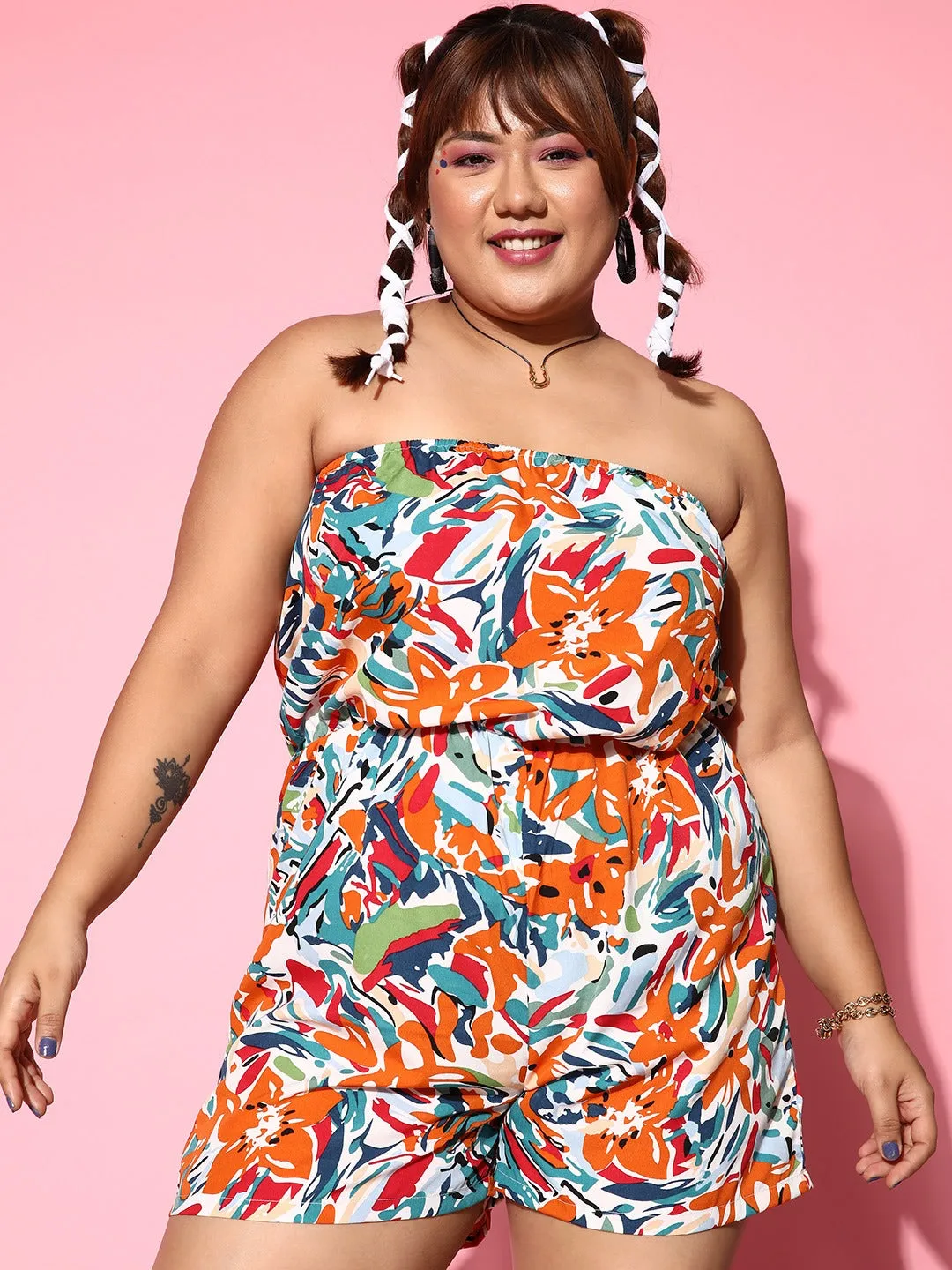 Berrylush Women Plus Size White & Orange Floral Printed Off-Shoulder Neck Gathered Mini Basic Jumpsuit