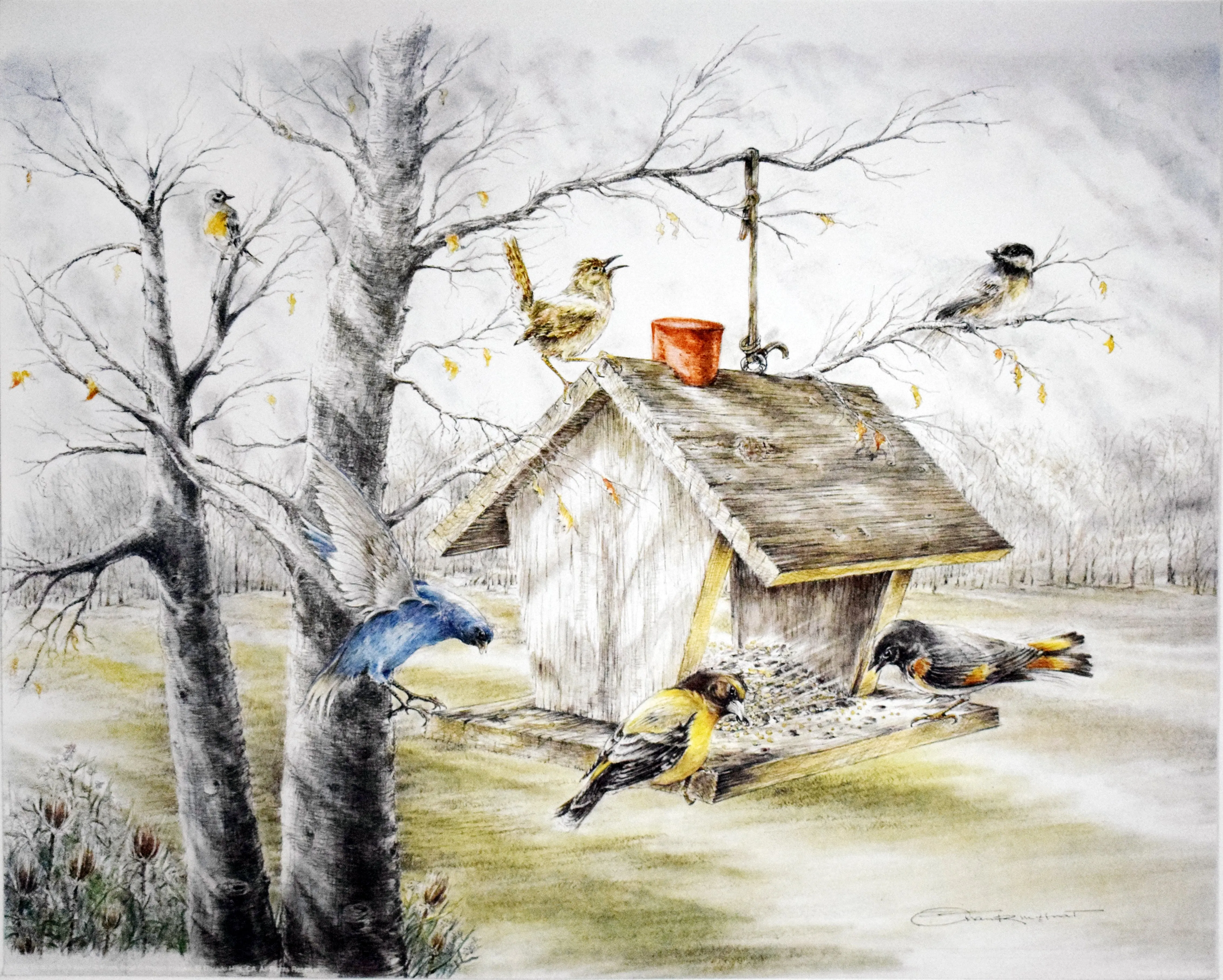 Birds at the Feeder by Frank Hnat