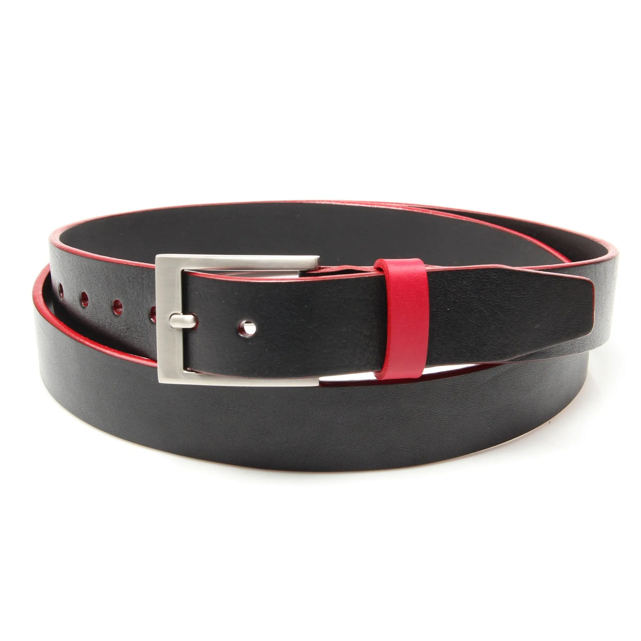 Black leather belt with Portsalon Red trim and keeper