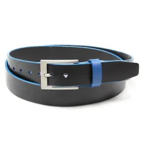 Black leather belt with Sharp Blue trim and keeper