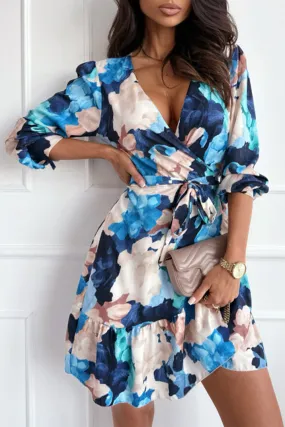 Blue Abstract Floral Long Sleeve Tied Ruffle Dress