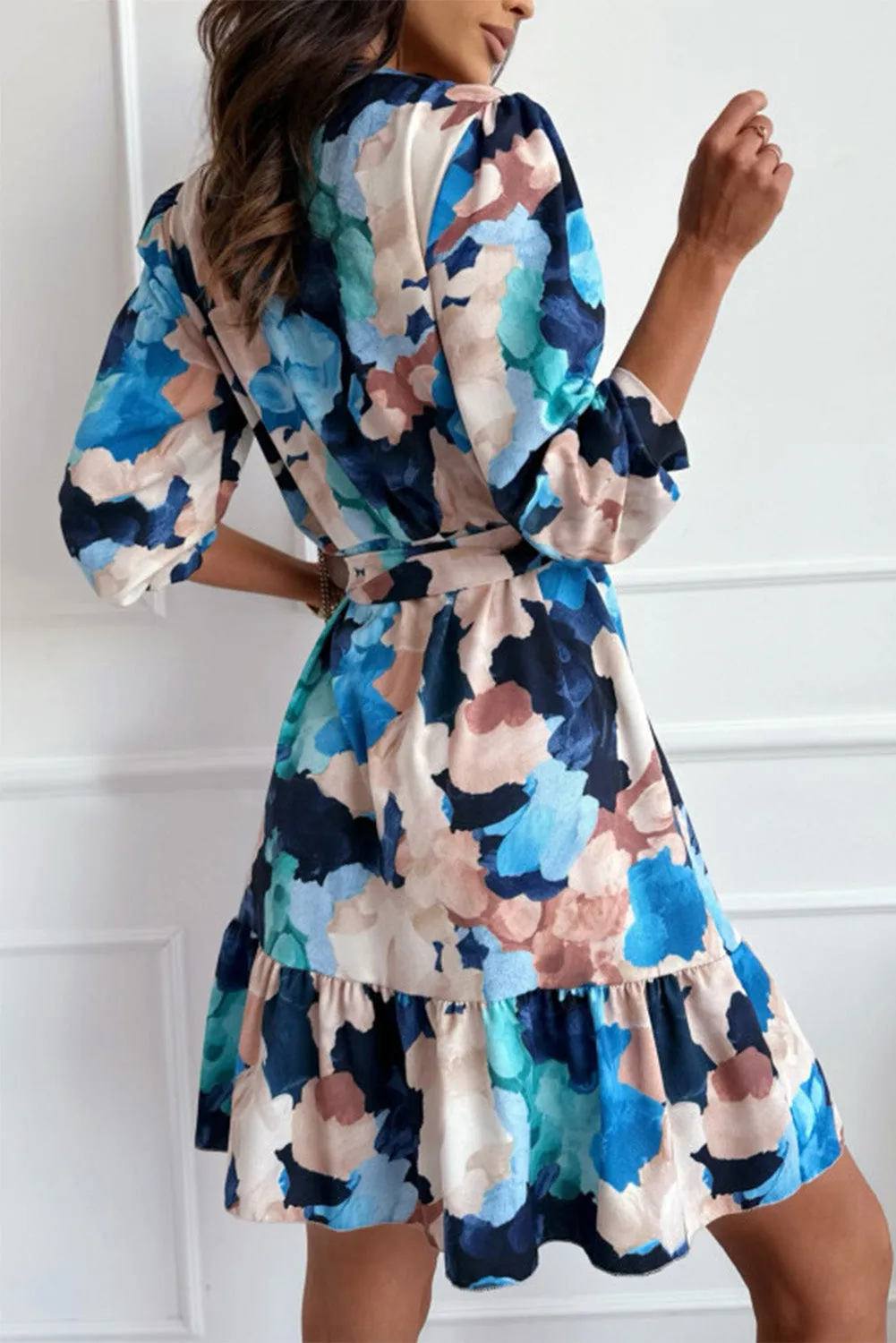 Blue Abstract Floral Long Sleeve Tied Ruffle Dress