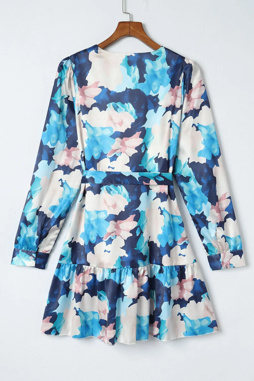 Blue Abstract Floral Long Sleeve Tied Ruffle Dress