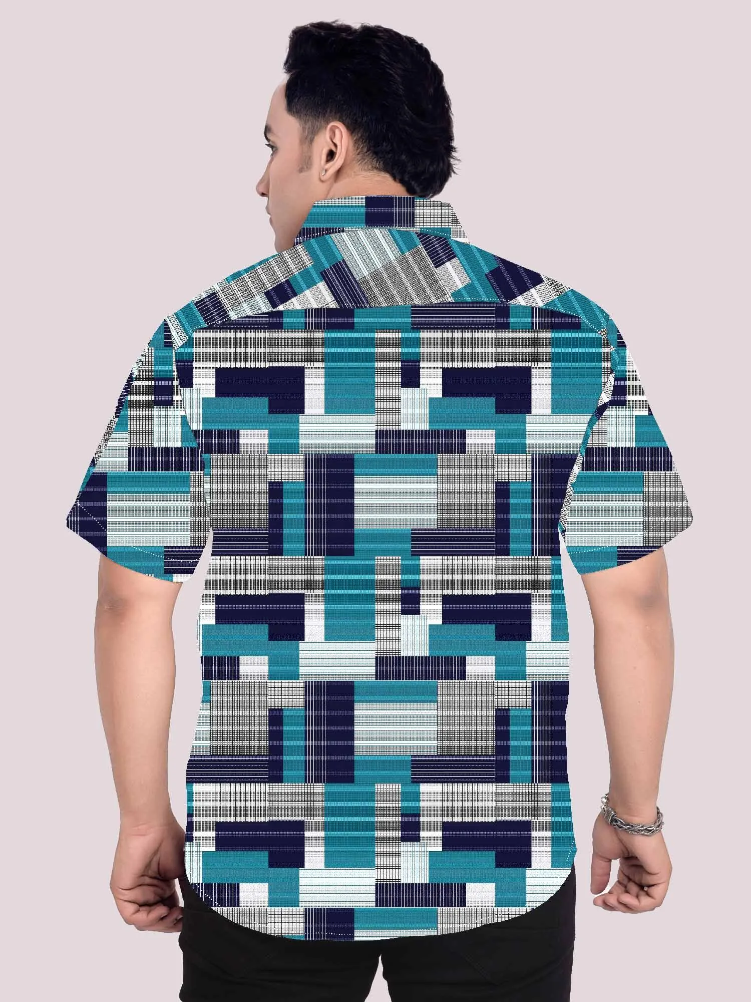 Blue checks patchwork Printed Plus Size Half Shirt