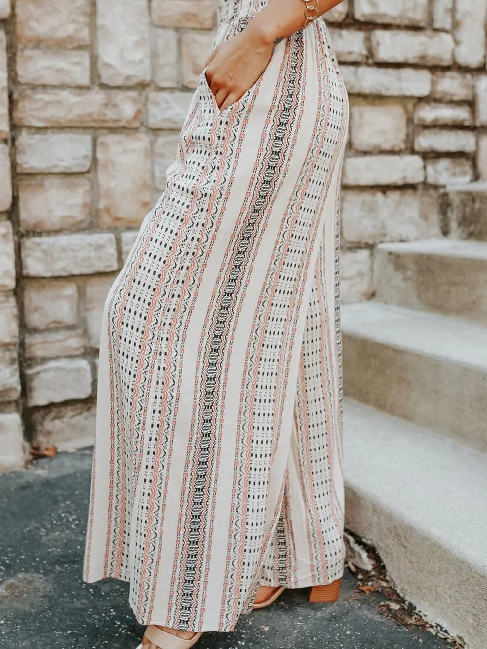 Casual Beige Geometric Print High Waist Wide Leg Pants