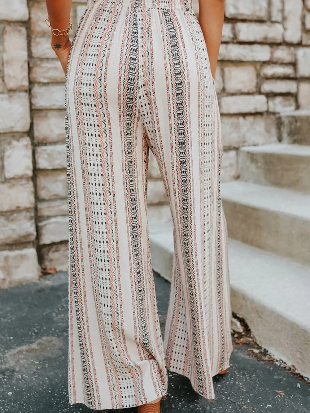 Casual Beige Geometric Print High Waist Wide Leg Pants