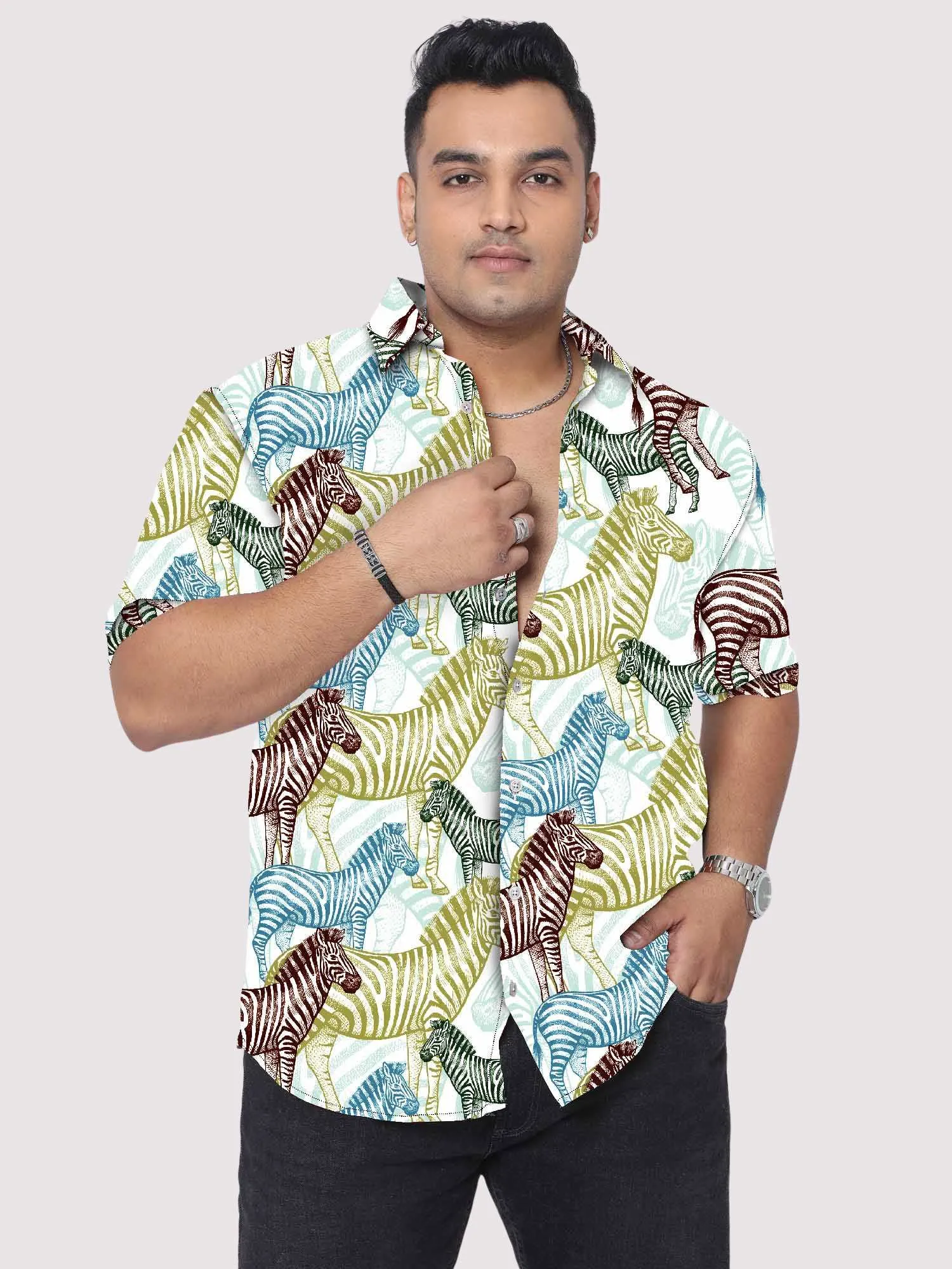 Colored Zebra Digital Printed Half Sleeve Shirt Men's Plus Size