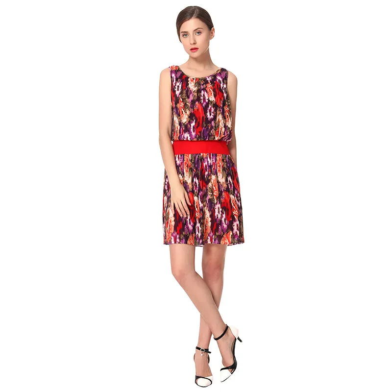 D040 Women floral print boat neck sleeveless pleated mini party dress