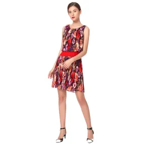 D040 Women floral print boat neck sleeveless pleated mini party dress