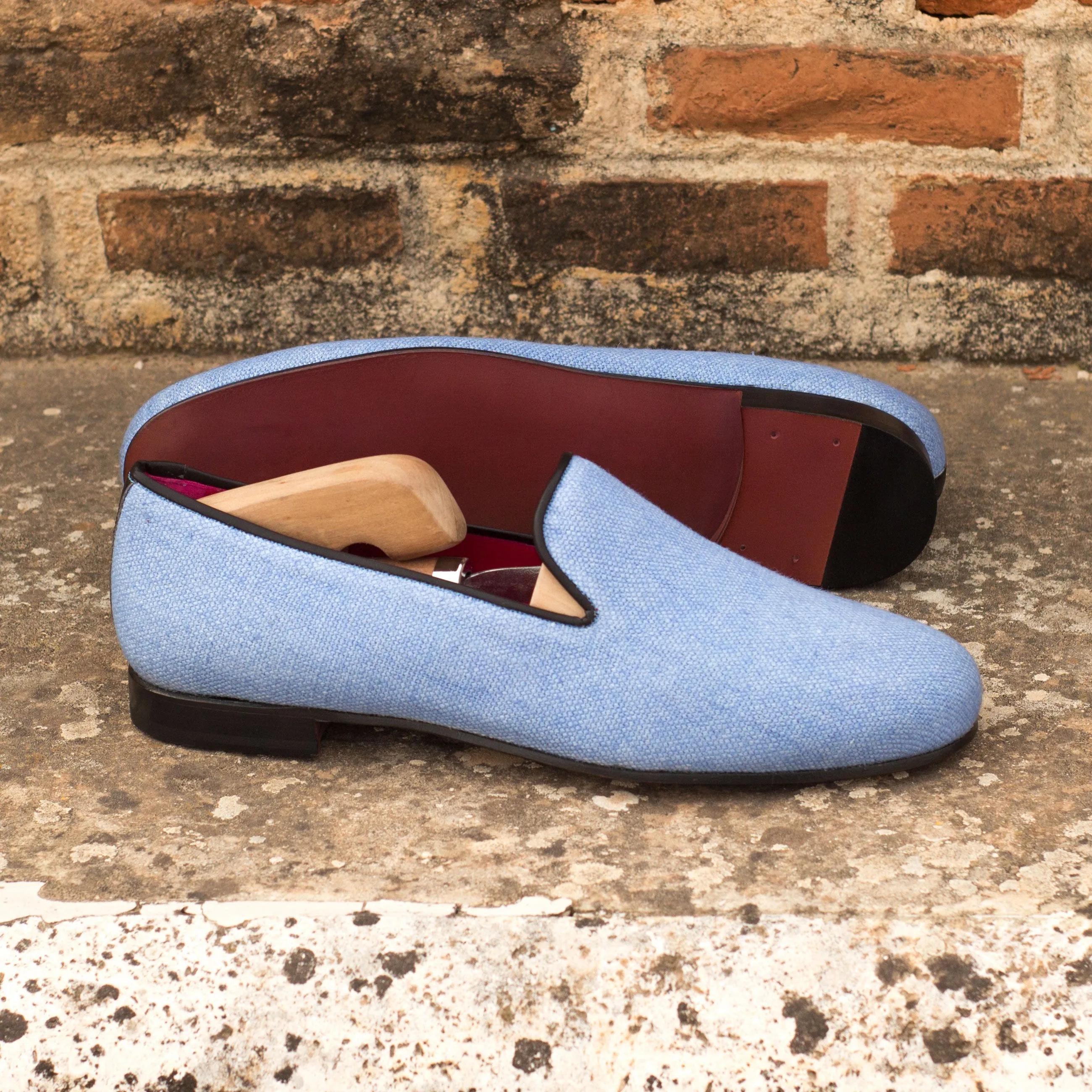 DapperFam Enzo in Blue / Black Men's Linen & Italian Leather Slipper