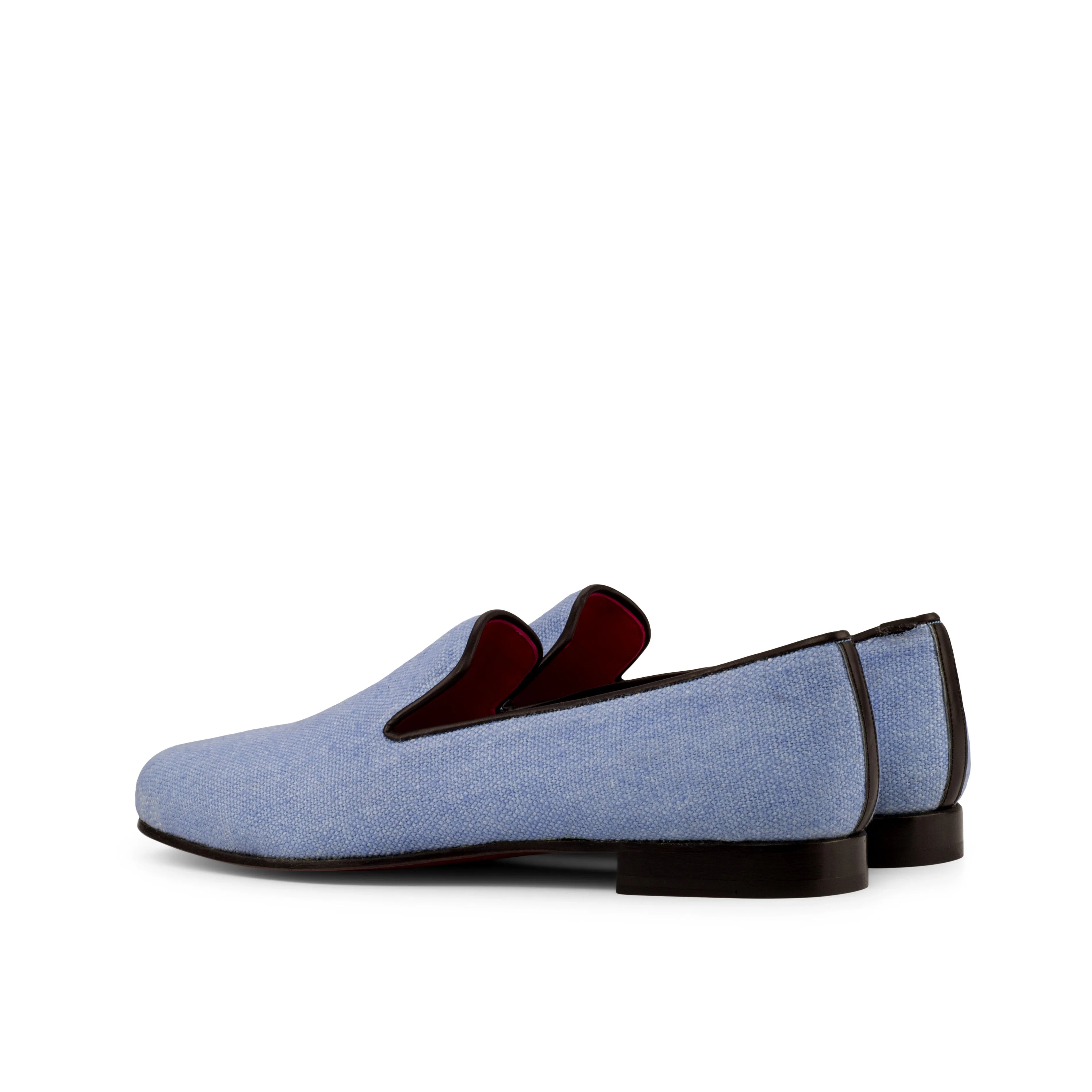 DapperFam Enzo in Blue / Black Men's Linen & Italian Leather Slipper