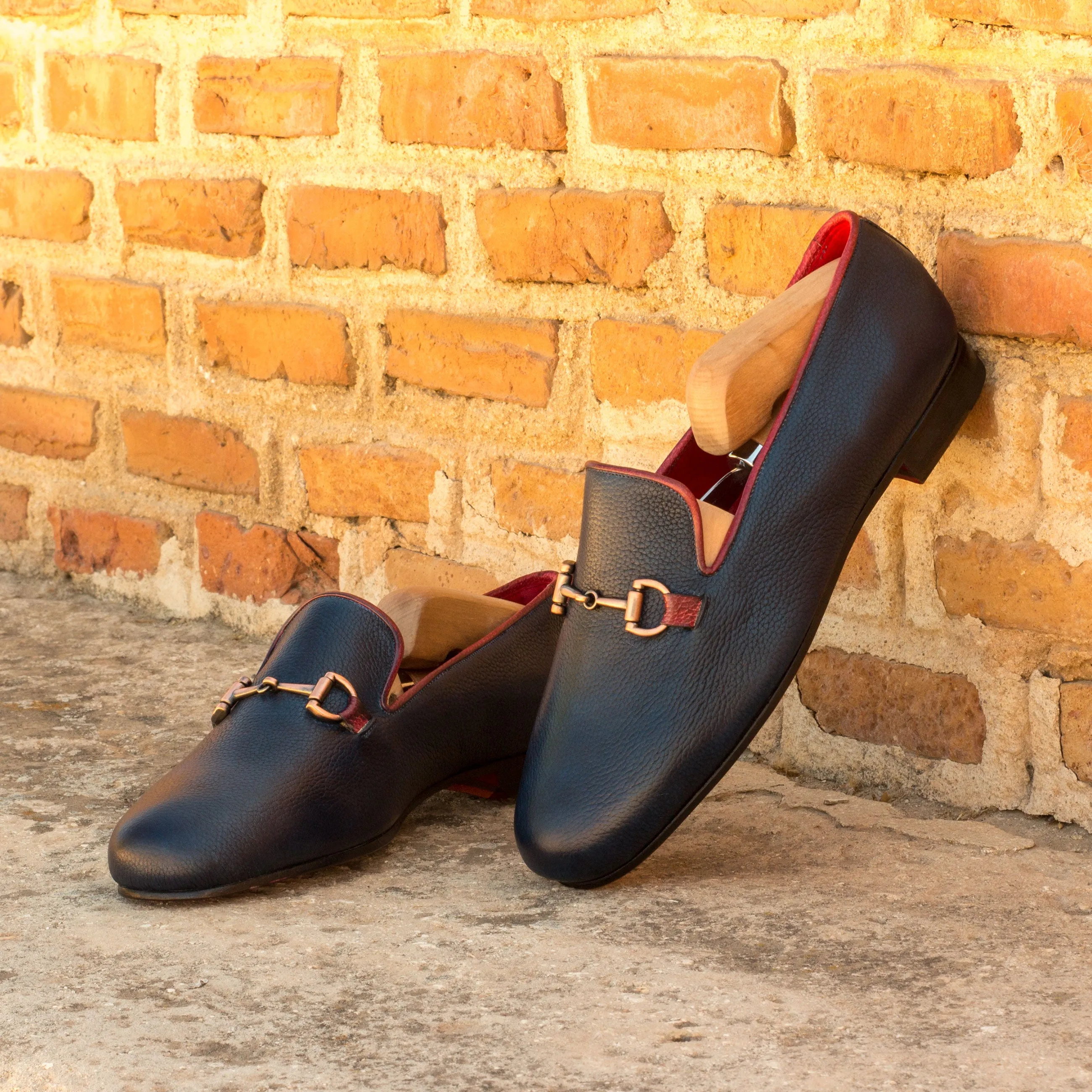 DapperFam Enzo in Navy / Red Men's Italian Full Grain Leather Slipper