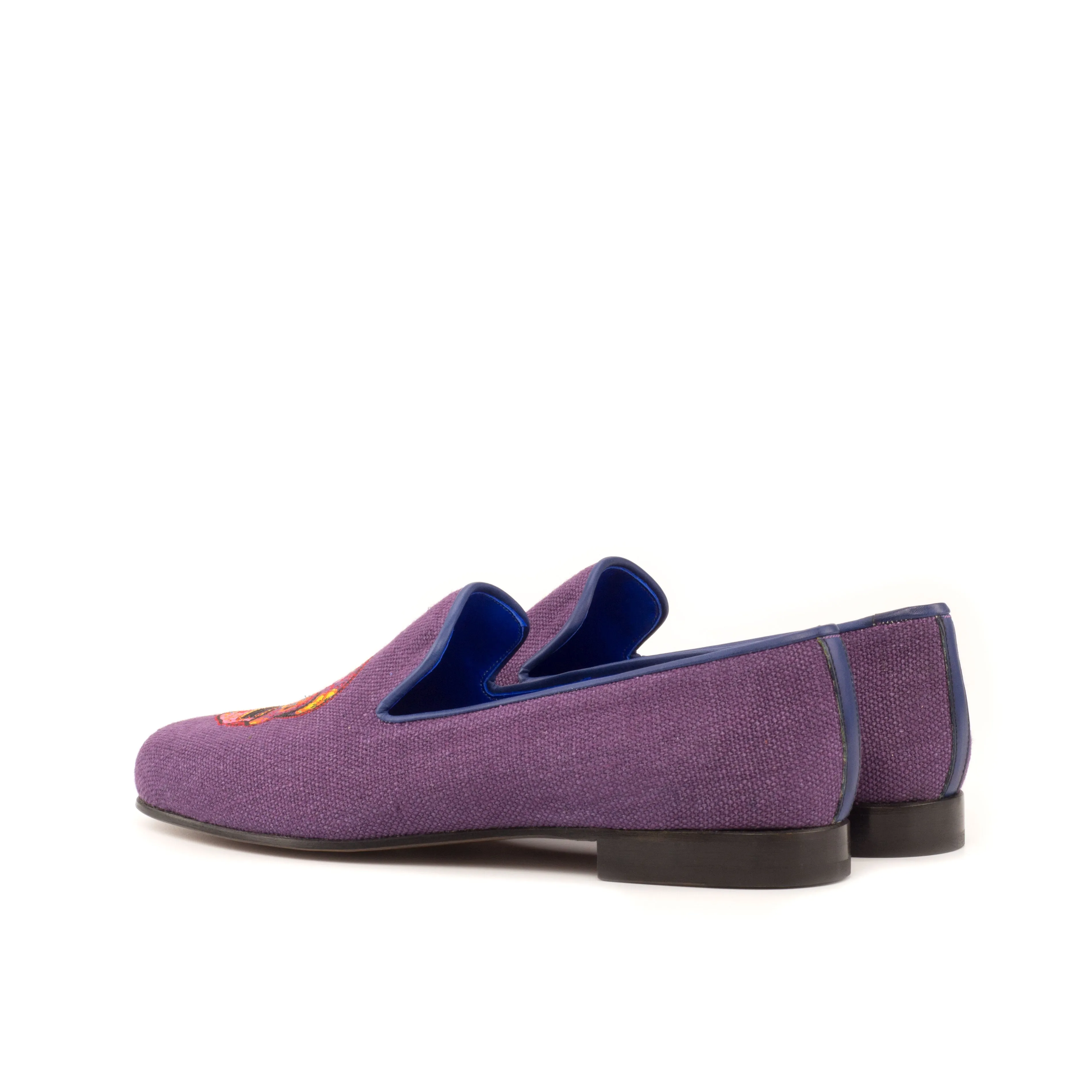 DapperFam Enzo in Purple / Navy Men's Linen & Italian Leather Slipper