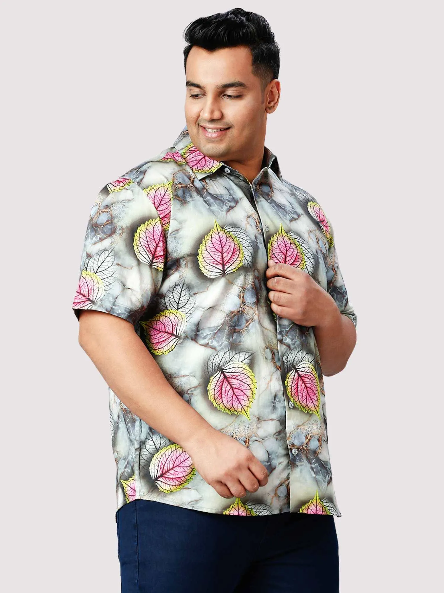 Foggy Leaves Digital Printed Half Sleeve Shirt Men's Plus Size