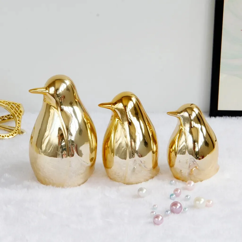 Gold Ceramic Penguin Fake Animal Statue - Funny Sculpture Ornaments Décor - Indoor Outdoor Yard Art Figurines