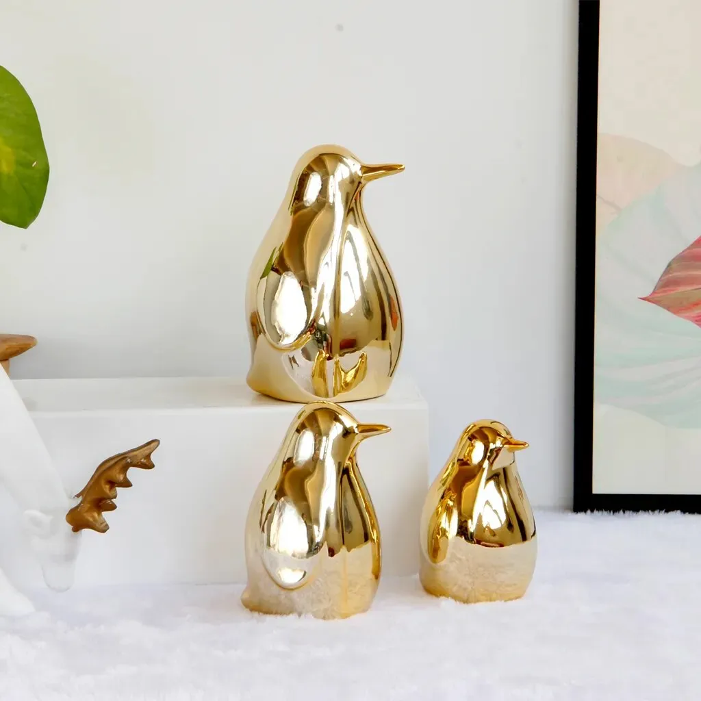 Gold Ceramic Penguin Fake Animal Statue - Funny Sculpture Ornaments Décor - Indoor Outdoor Yard Art Figurines