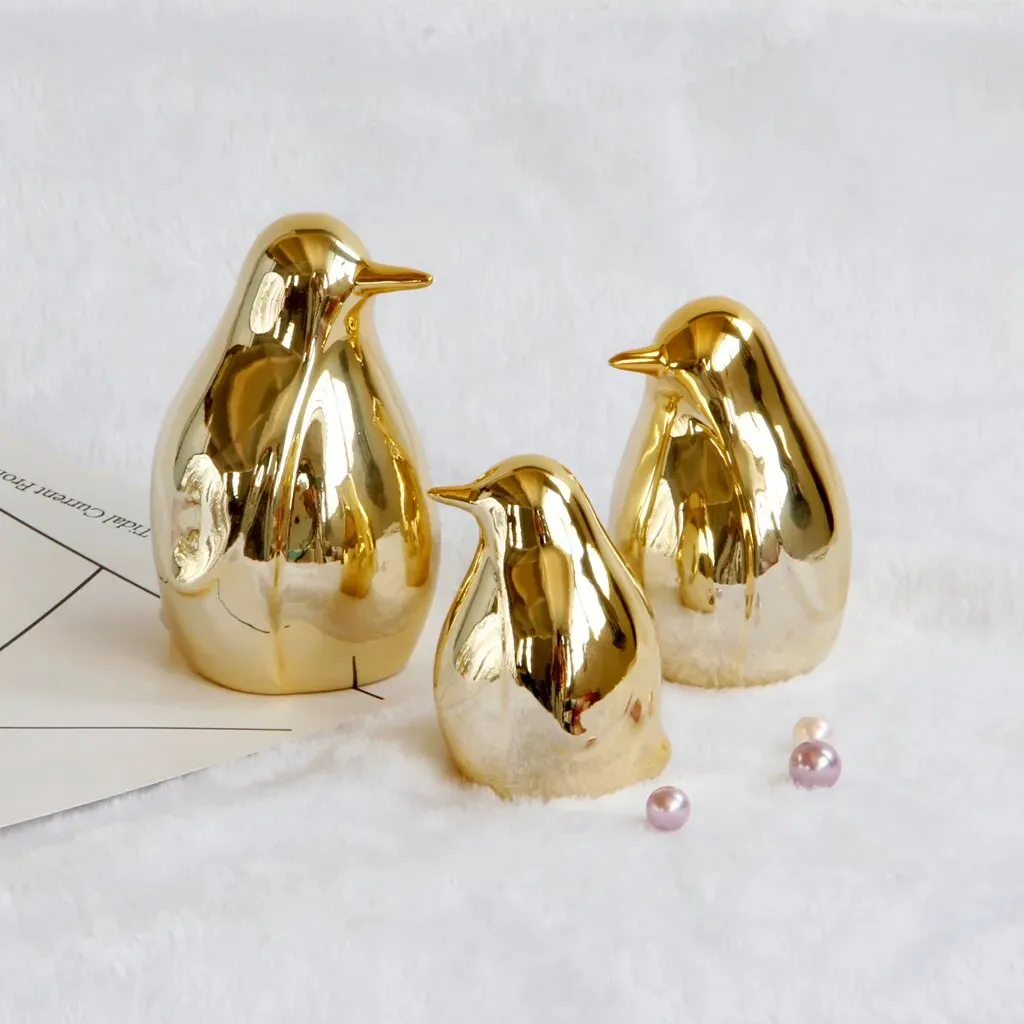 Gold Ceramic Penguin Fake Animal Statue - Funny Sculpture Ornaments Décor - Indoor Outdoor Yard Art Figurines