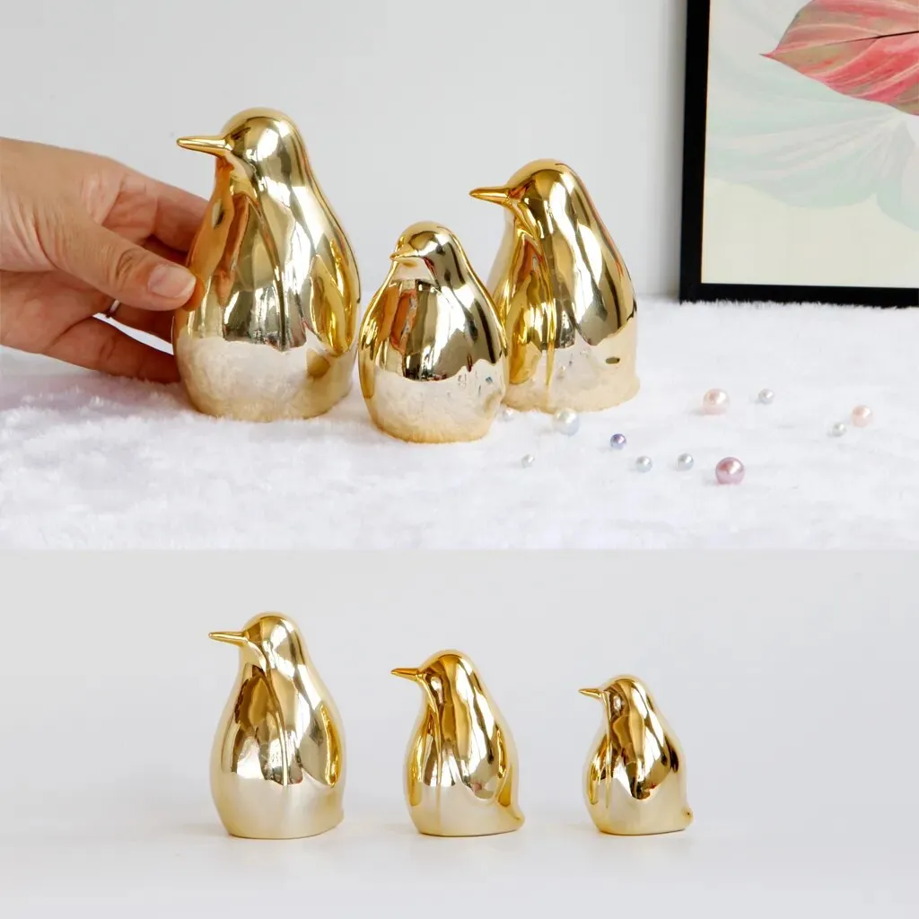 Gold Ceramic Penguin Fake Animal Statue - Funny Sculpture Ornaments Décor - Indoor Outdoor Yard Art Figurines