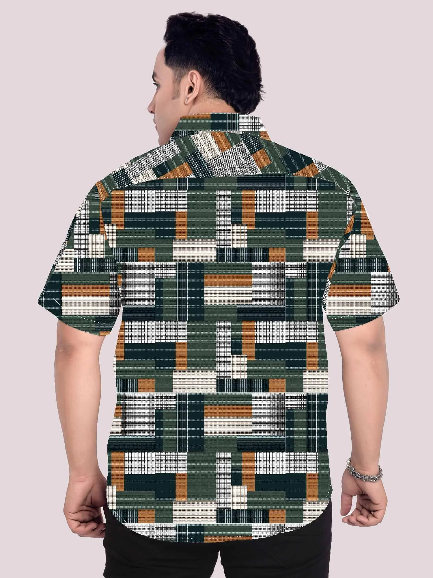 Green checks patchwork Digital Printed Plus Size Half Shirt