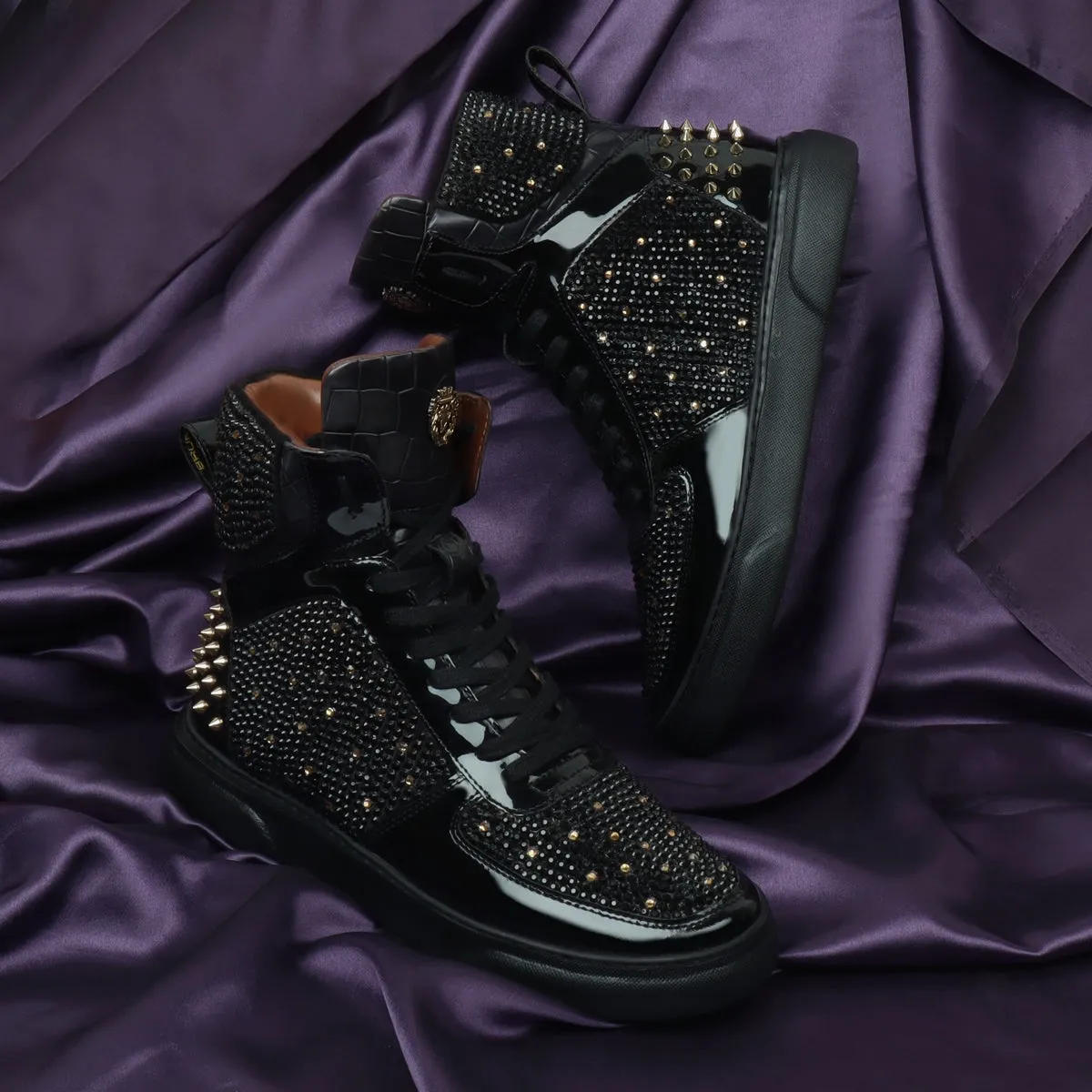 High Top Patent Leather Sneakers in Black and Golden Rhinestone Beads Zardosi with Golden Stud