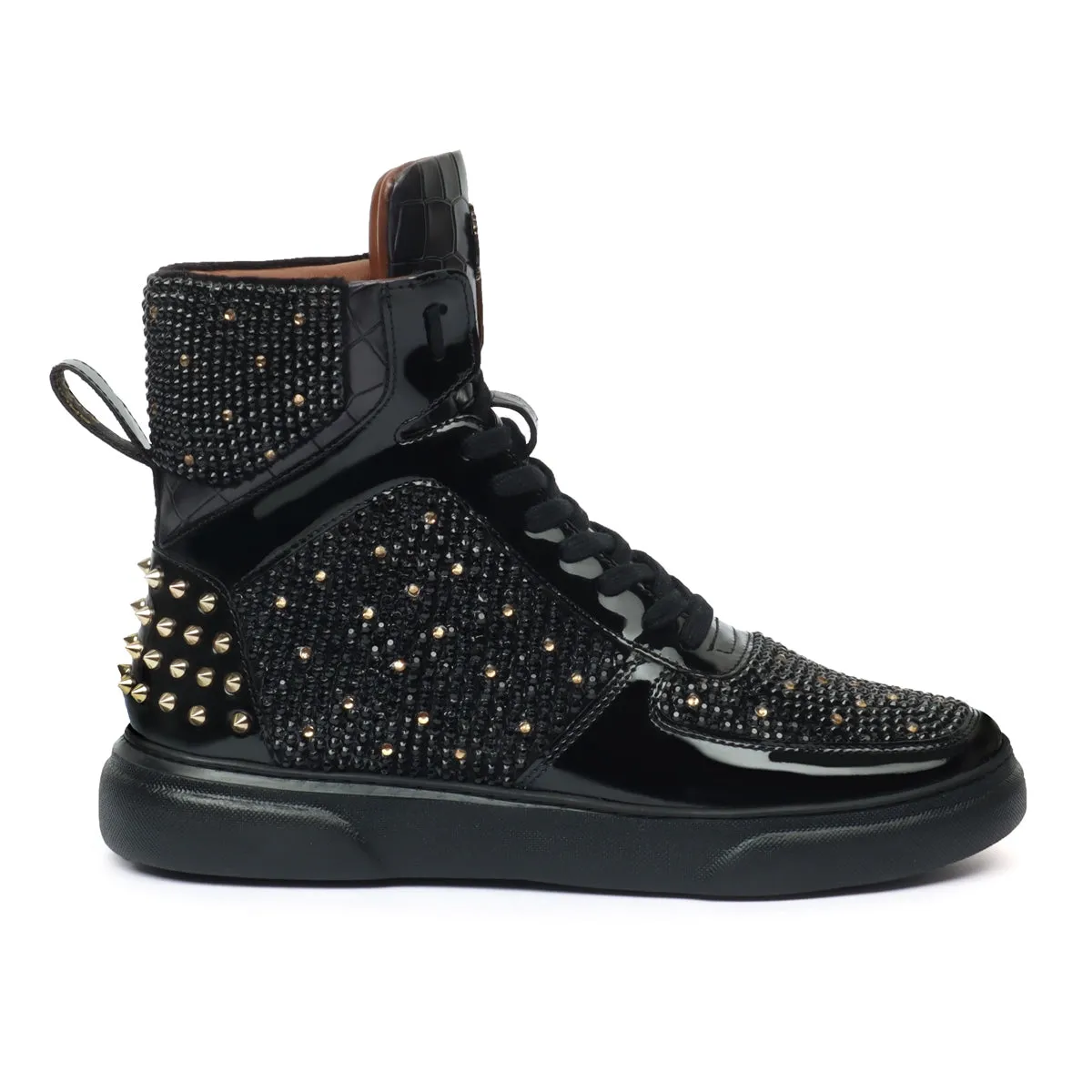 High Top Patent Leather Sneakers in Black and Golden Rhinestone Beads Zardosi with Golden Stud