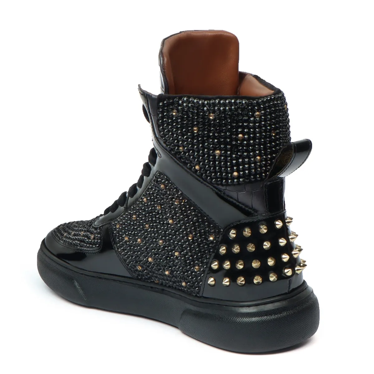 High Top Patent Leather Sneakers in Black and Golden Rhinestone Beads Zardosi with Golden Stud