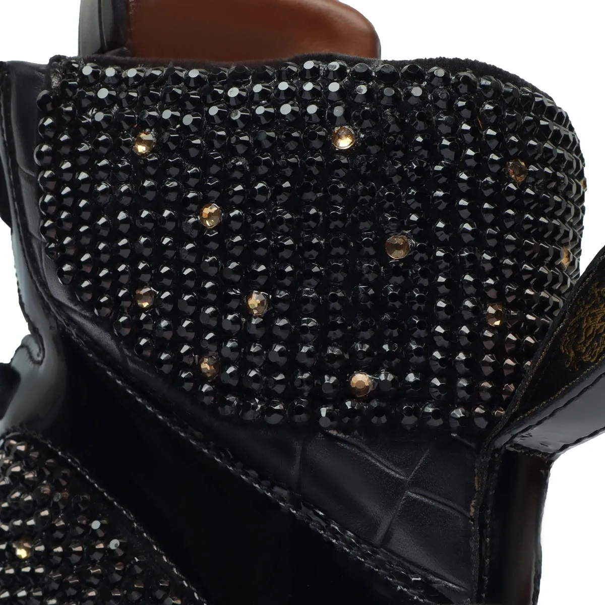 High Top Patent Leather Sneakers in Black and Golden Rhinestone Beads Zardosi with Golden Stud