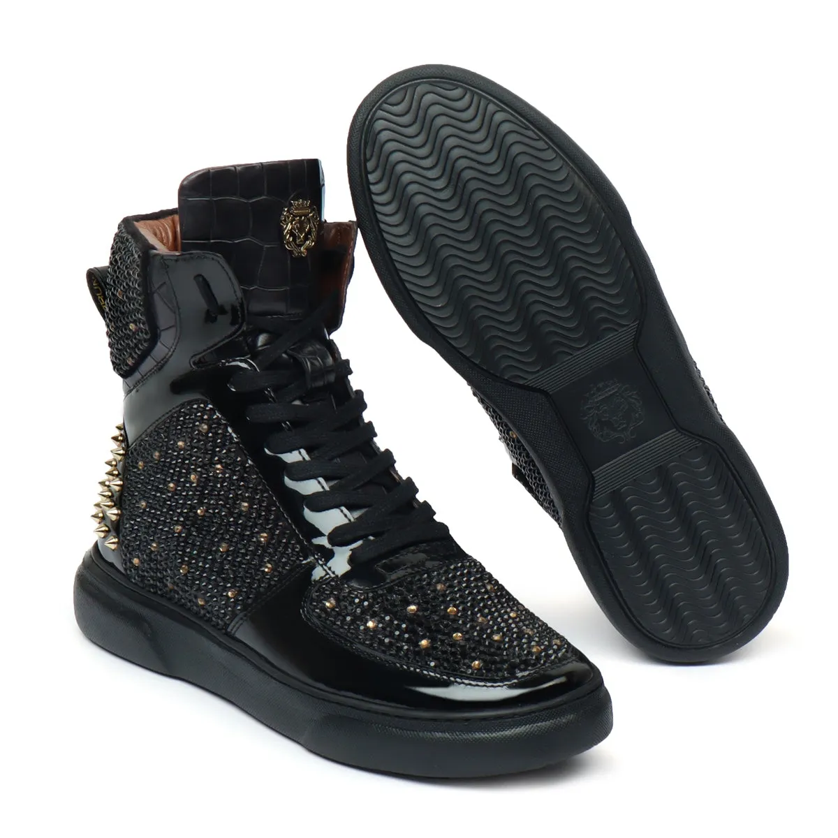 High Top Patent Leather Sneakers in Black and Golden Rhinestone Beads Zardosi with Golden Stud