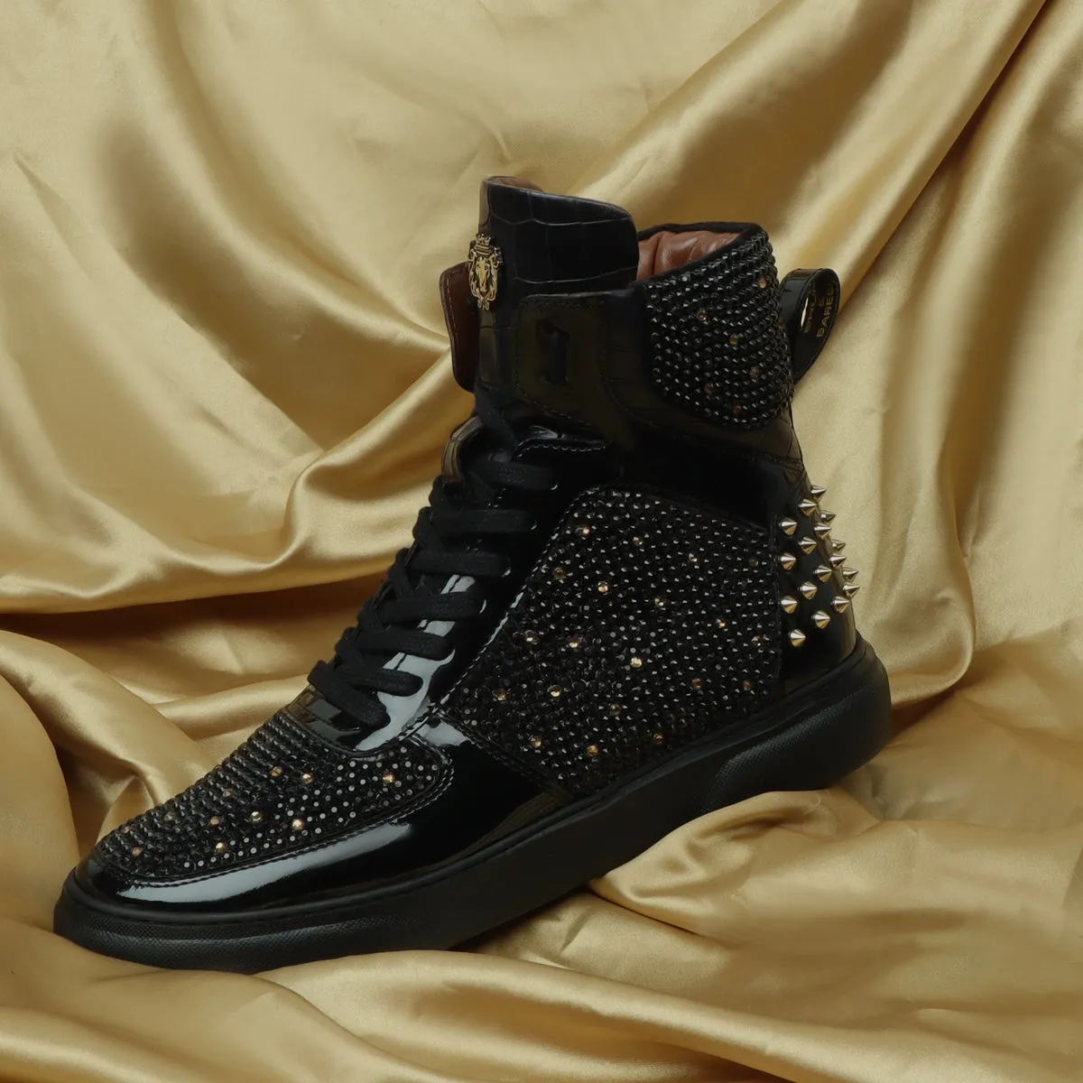 High Top Patent Leather Sneakers in Black and Golden Rhinestone Beads Zardosi with Golden Stud