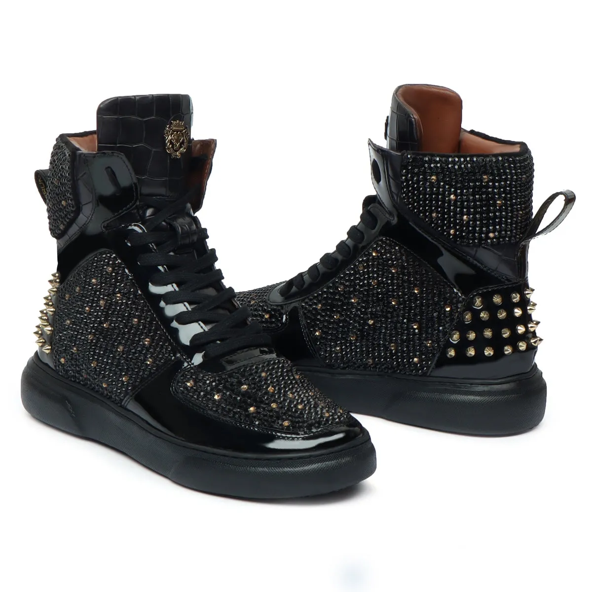 High Top Patent Leather Sneakers in Black and Golden Rhinestone Beads Zardosi with Golden Stud