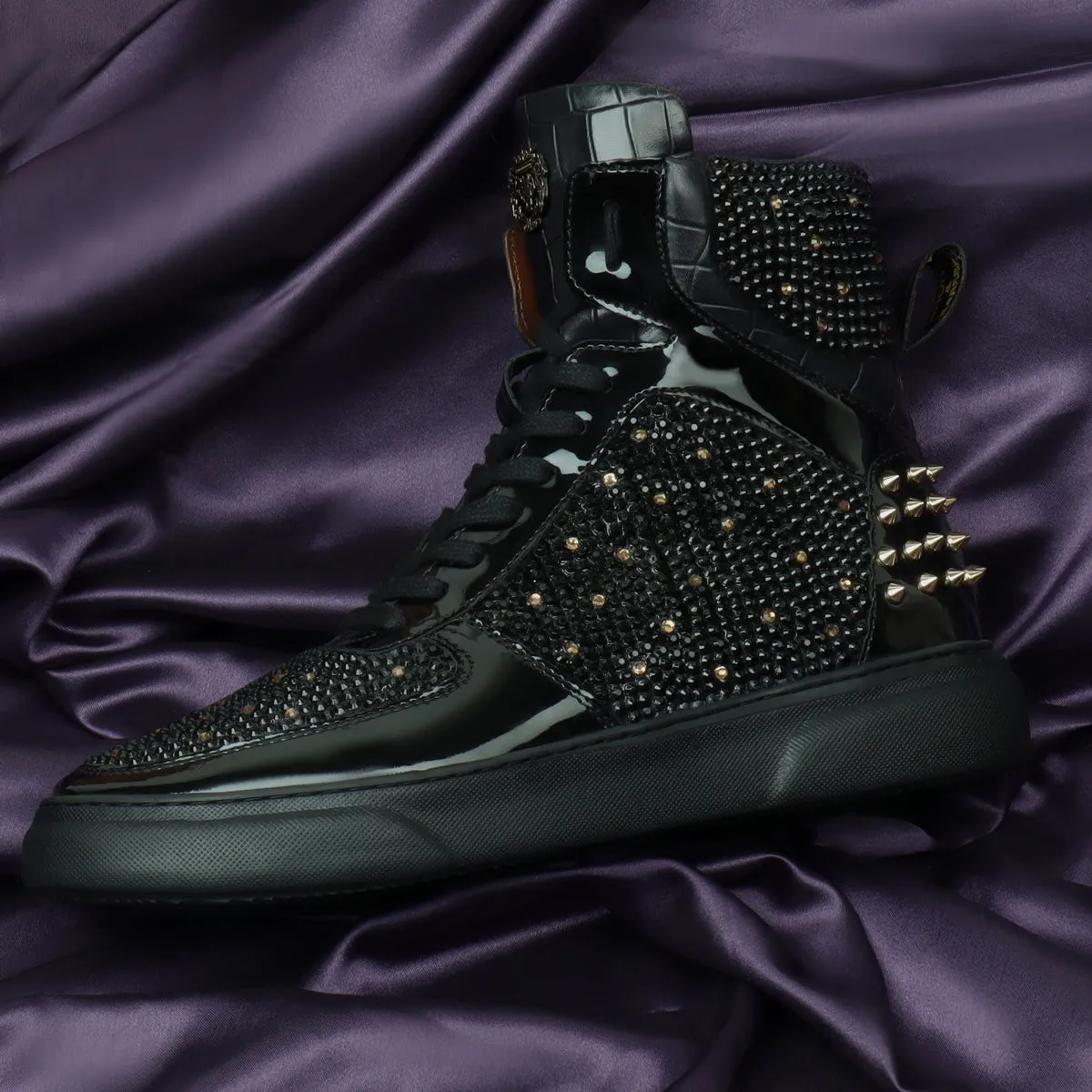 High Top Patent Leather Sneakers in Black and Golden Rhinestone Beads Zardosi with Golden Stud