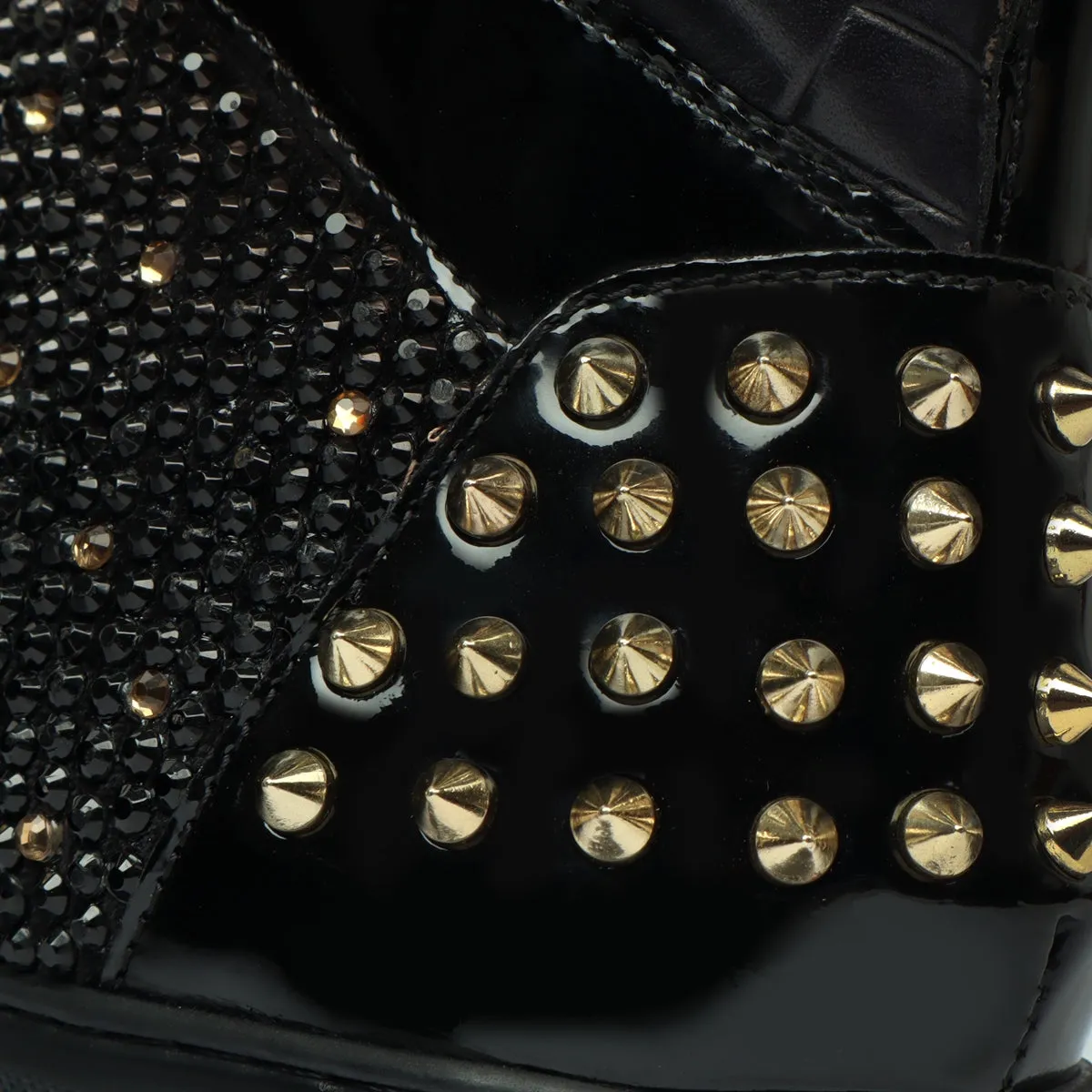 High Top Patent Leather Sneakers in Black and Golden Rhinestone Beads Zardosi with Golden Stud