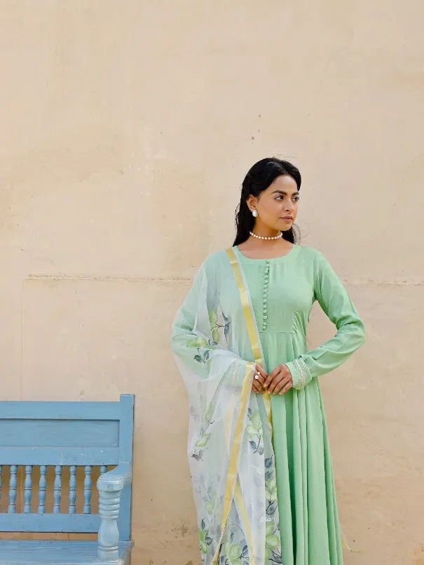 Light Green Anarkali Kurta Set With Painted Organza Dupatta