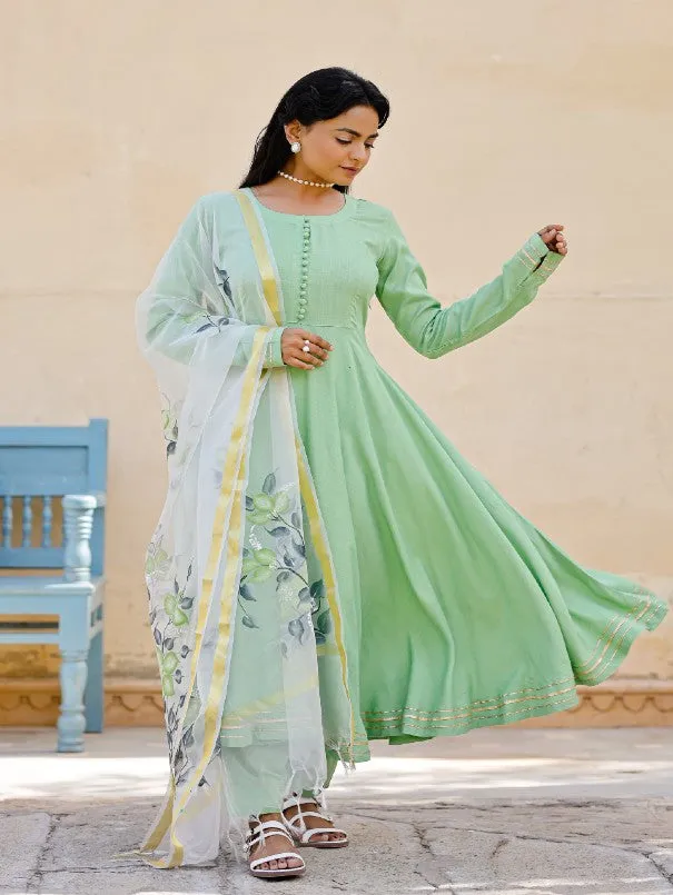 Light Green Anarkali Kurta Set With Painted Organza Dupatta