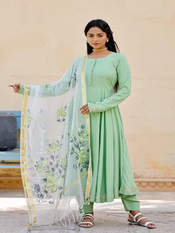 Light Green Anarkali Kurta Set With Painted Organza Dupatta