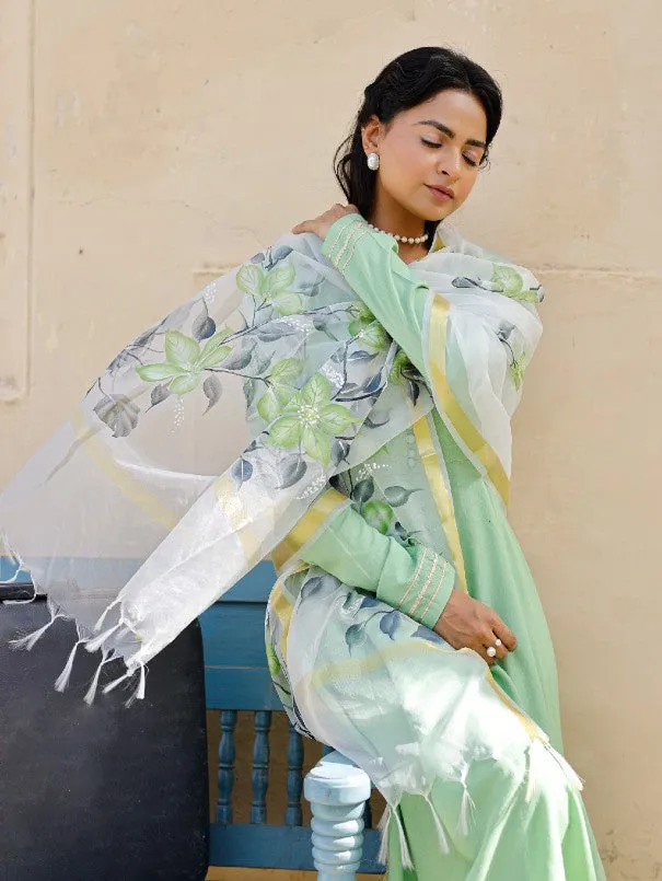 Light Green Anarkali Kurta Set With Painted Organza Dupatta