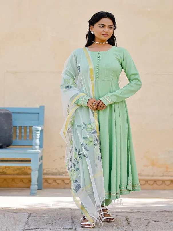 Light Green Anarkali Kurta Set With Painted Organza Dupatta